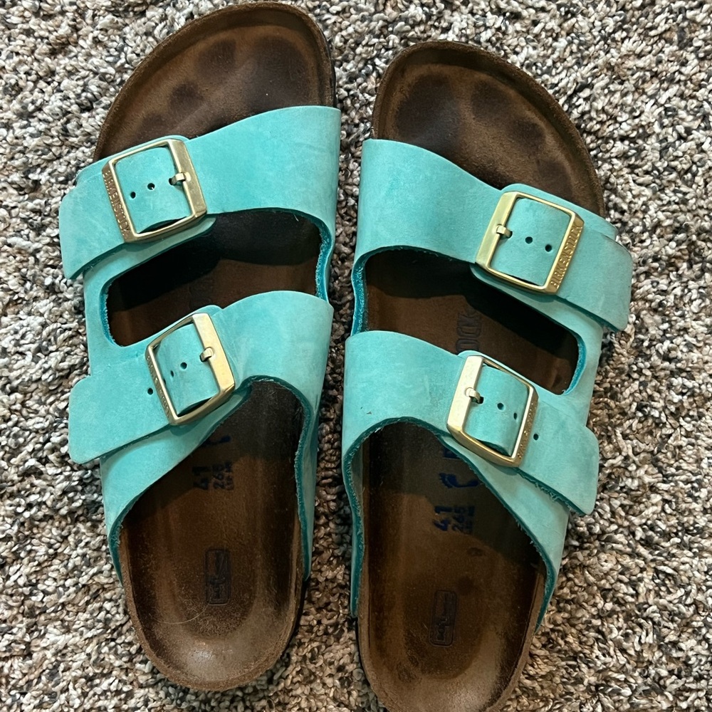 Birkenstock size 41, soft footbed Turquoise Sandals with Gold Buckles